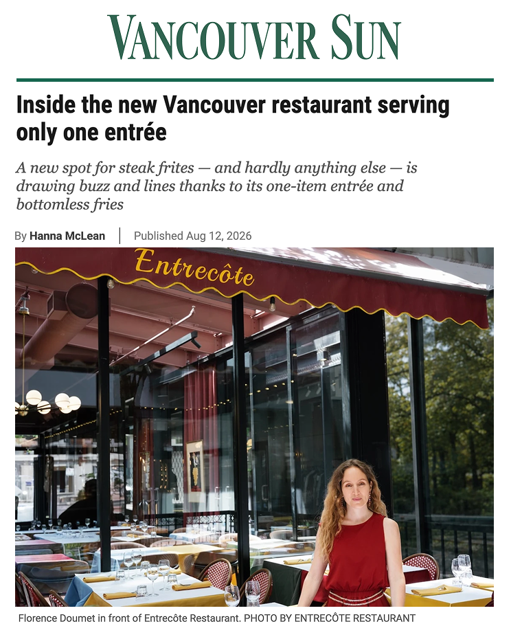 Vancouver Sun feature about Entrecôte Restaurant and founder Florence Doumet